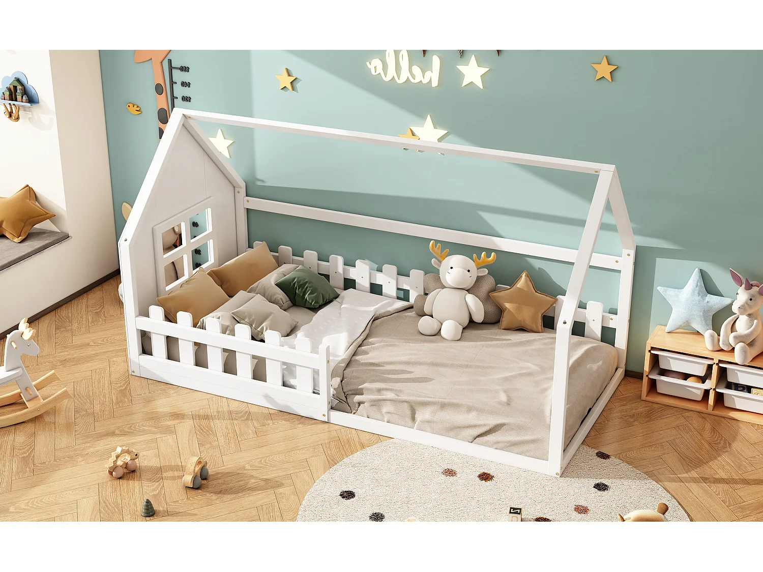 Lit simple 90x200 cm pour enfant, lit en forme de maison avec bordure décorative, Blanc