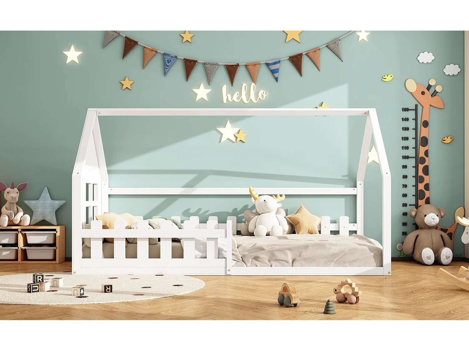 Lit simple 90x200 cm pour enfant, lit en forme de maison avec bordure décorative, Blanc