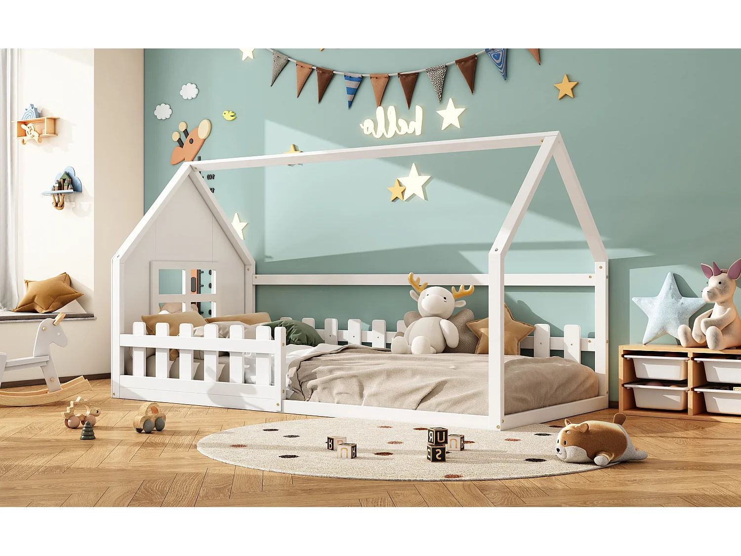 Lit simple 90x200 cm pour enfant, lit en forme de maison avec bordure décorative, Blanc