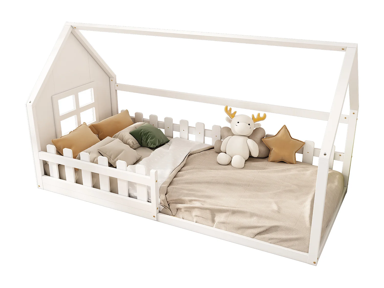 Lit simple 90x200 cm pour enfant, lit en forme de maison avec bordure décorative, Blanc