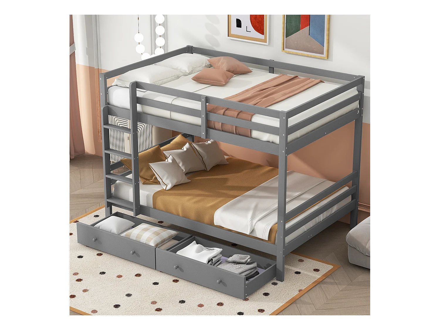 Lit superposé 140x200 cm pour enfant avec tiroirs, espace de rangement, barrières hautes, design pratique, Gris