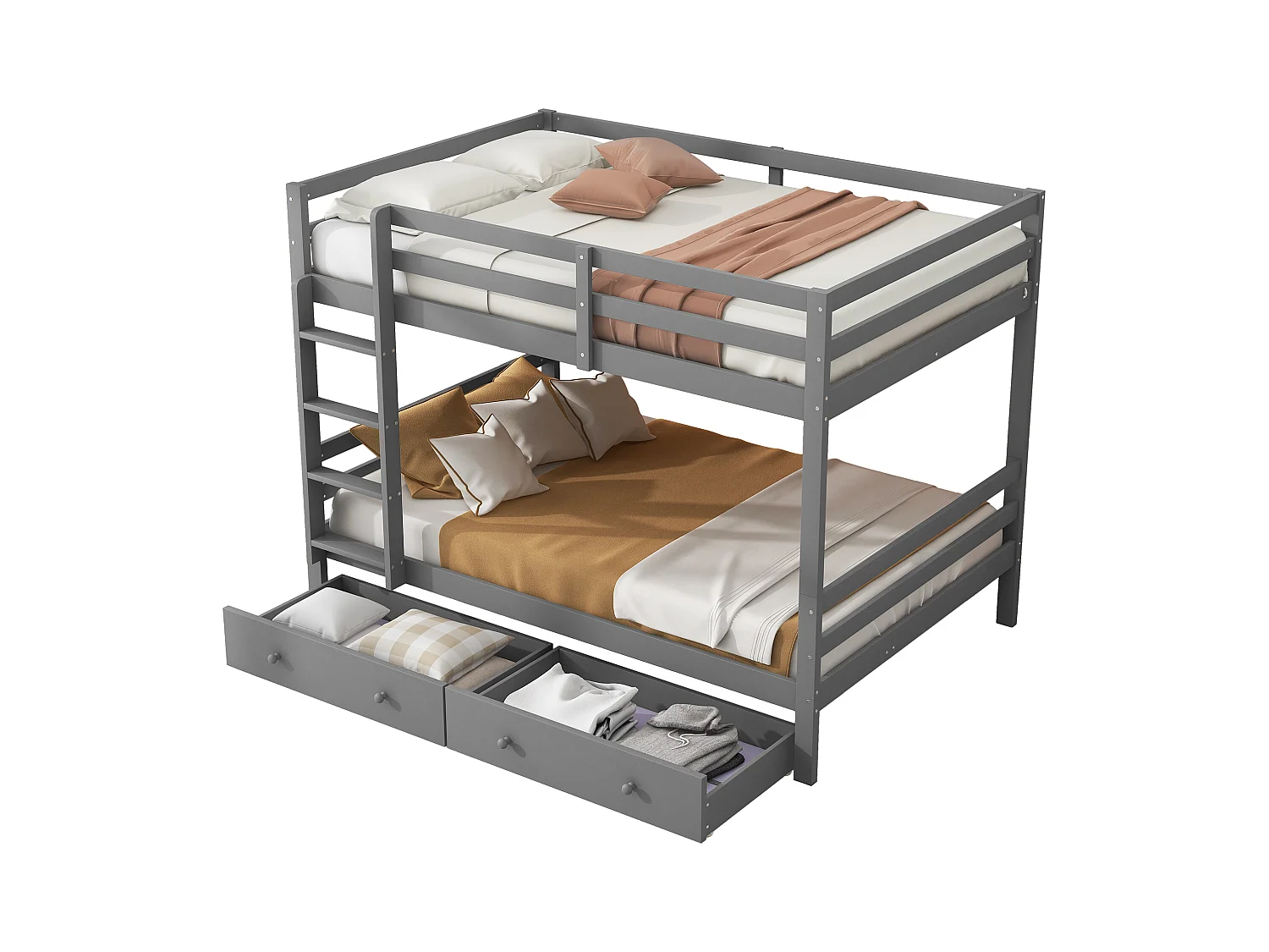 Lit superposé 140x200 cm pour enfant avec tiroirs, espace de rangement, barrières hautes, design pratique, Gris