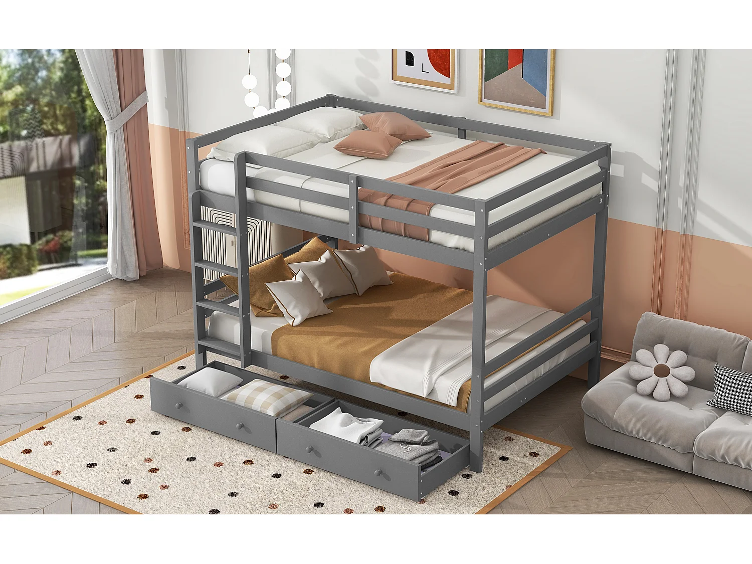 Lit superposé 140x200 cm pour enfant avec tiroirs, espace de rangement, barrières hautes, design pratique, Gris