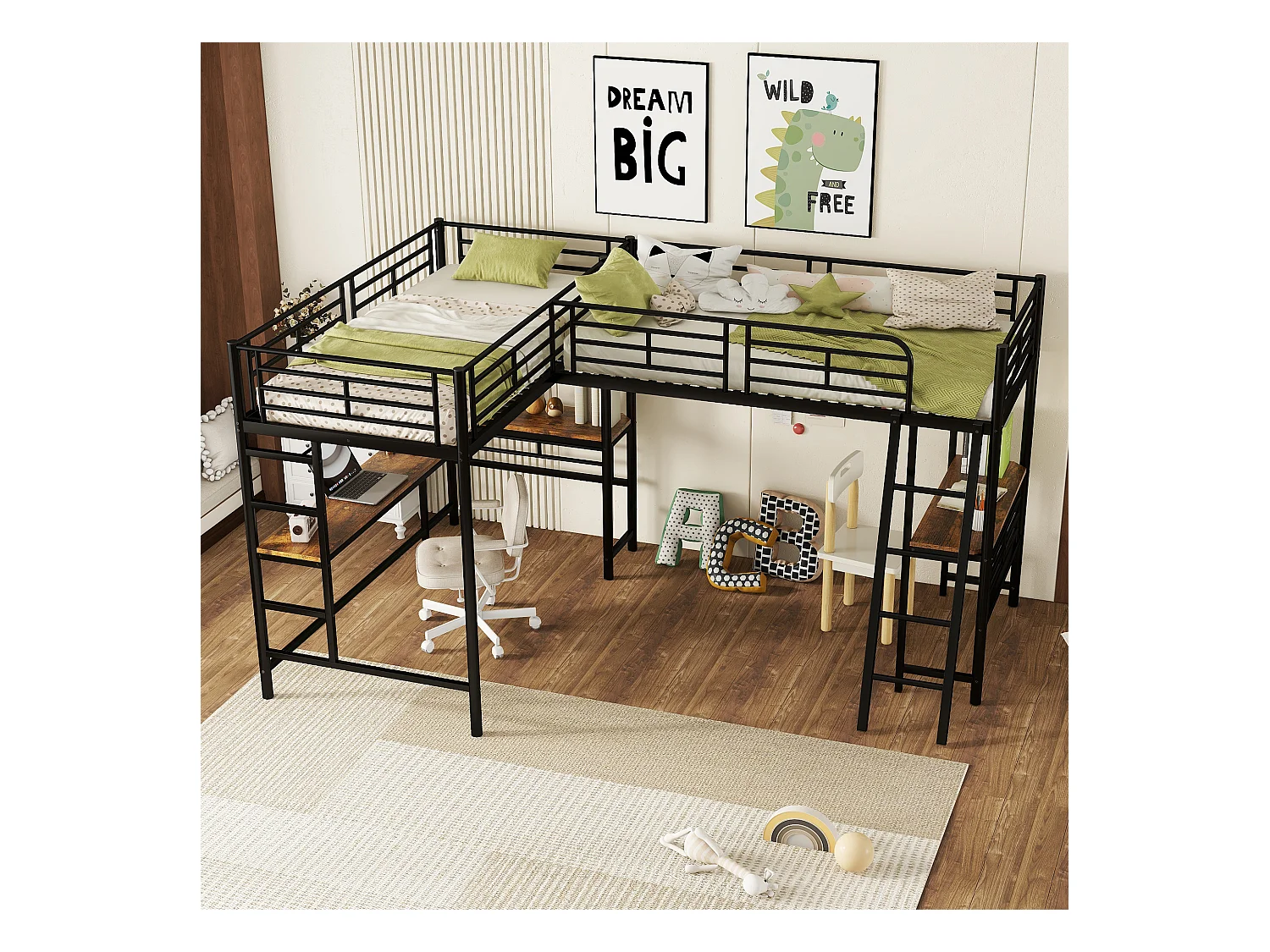 Lit mezzanine 90x200 cm noir, deux couchages, bureau intégré dessous, double escalier et garde-corps haut