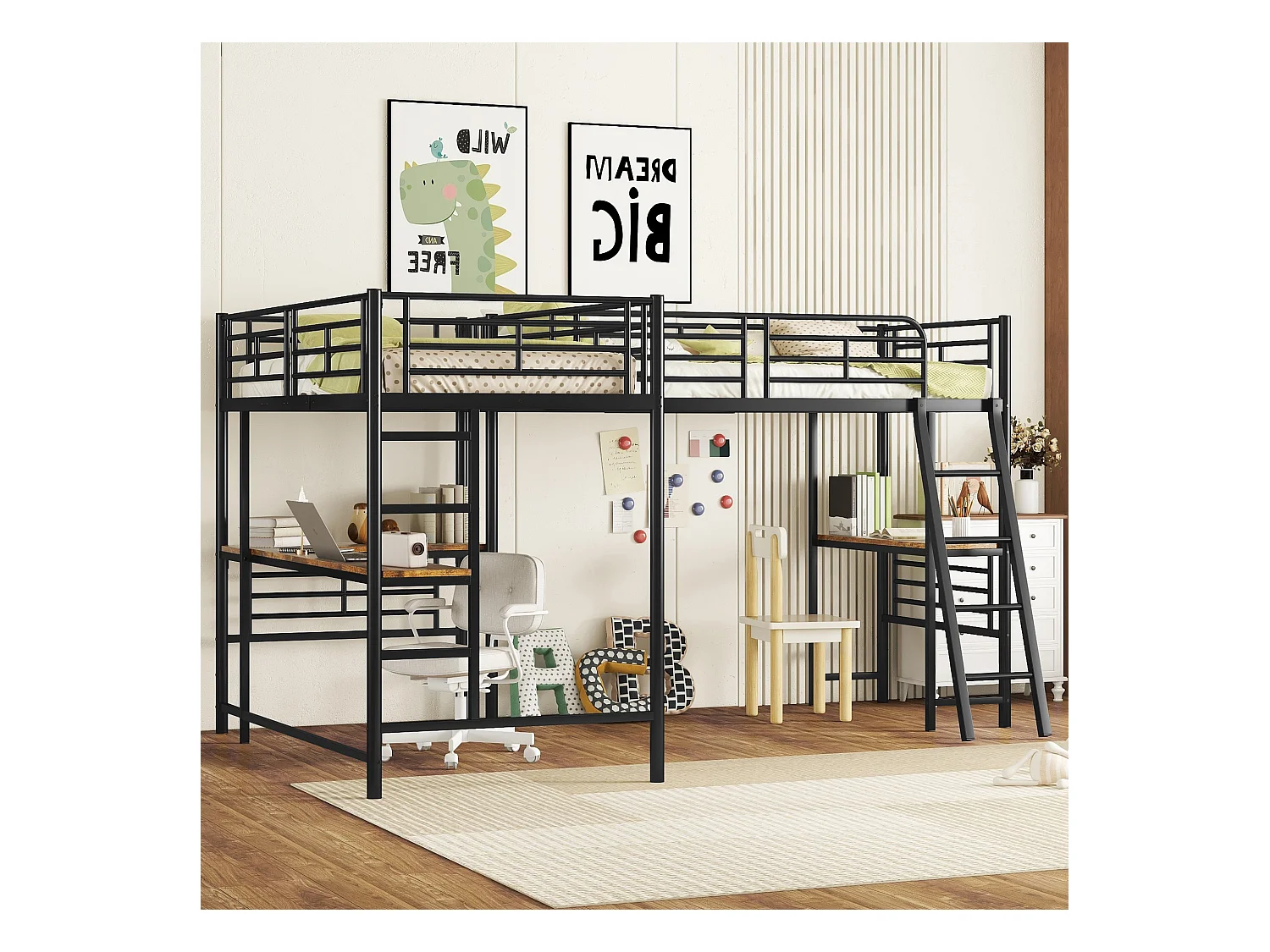 Lit mezzanine 90x200 cm noir, deux couchages, bureau intégré dessous, double escalier et garde-corps haut