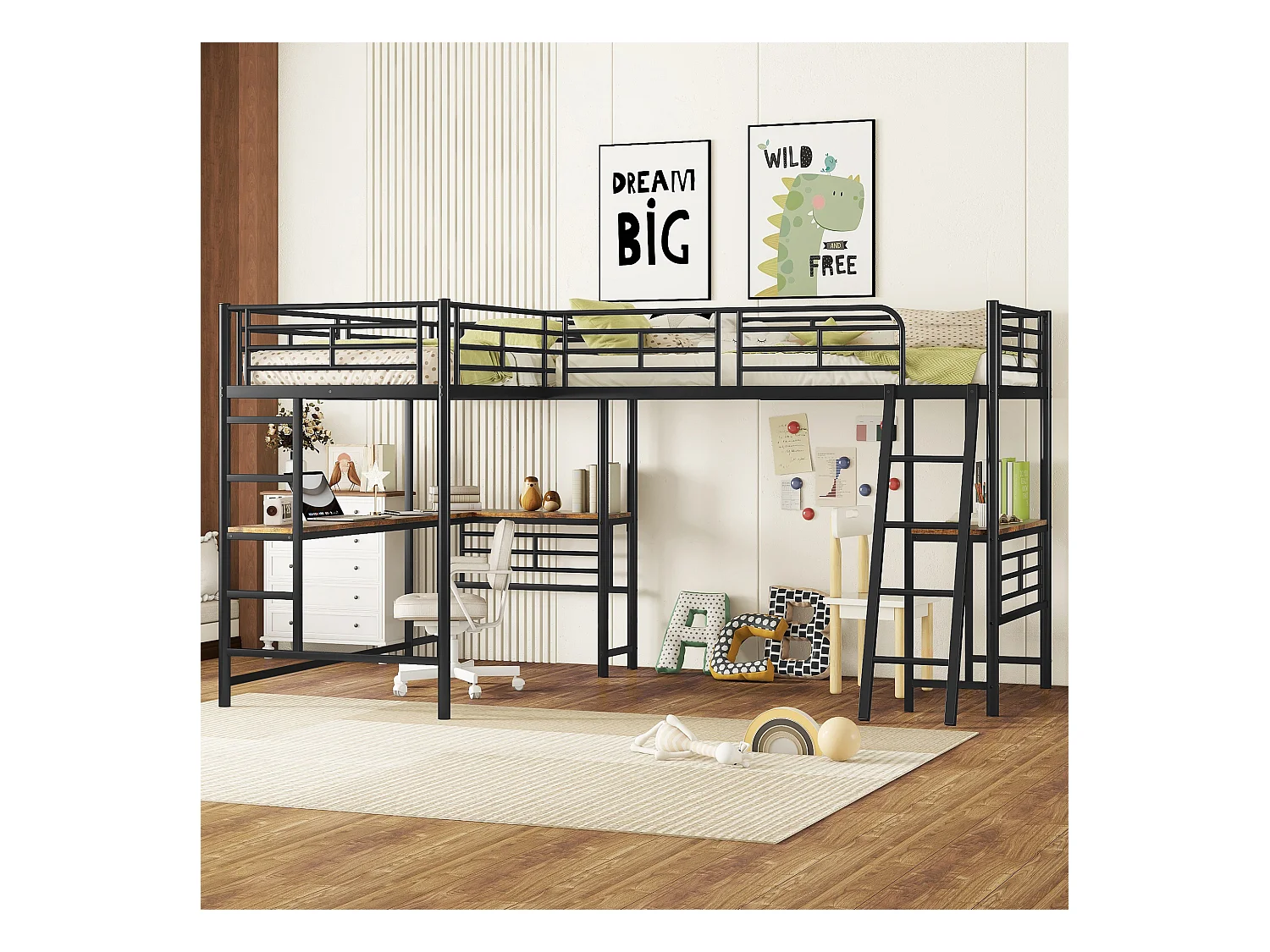 Lit mezzanine 90x200 cm noir, deux couchages, bureau intégré dessous, double escalier et garde-corps haut