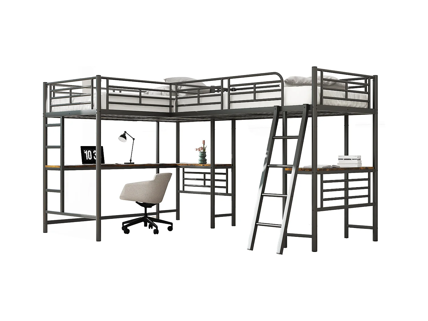 Lit mezzanine 90x200 cm noir, deux couchages, bureau intégré dessous, double escalier et garde-corps haut