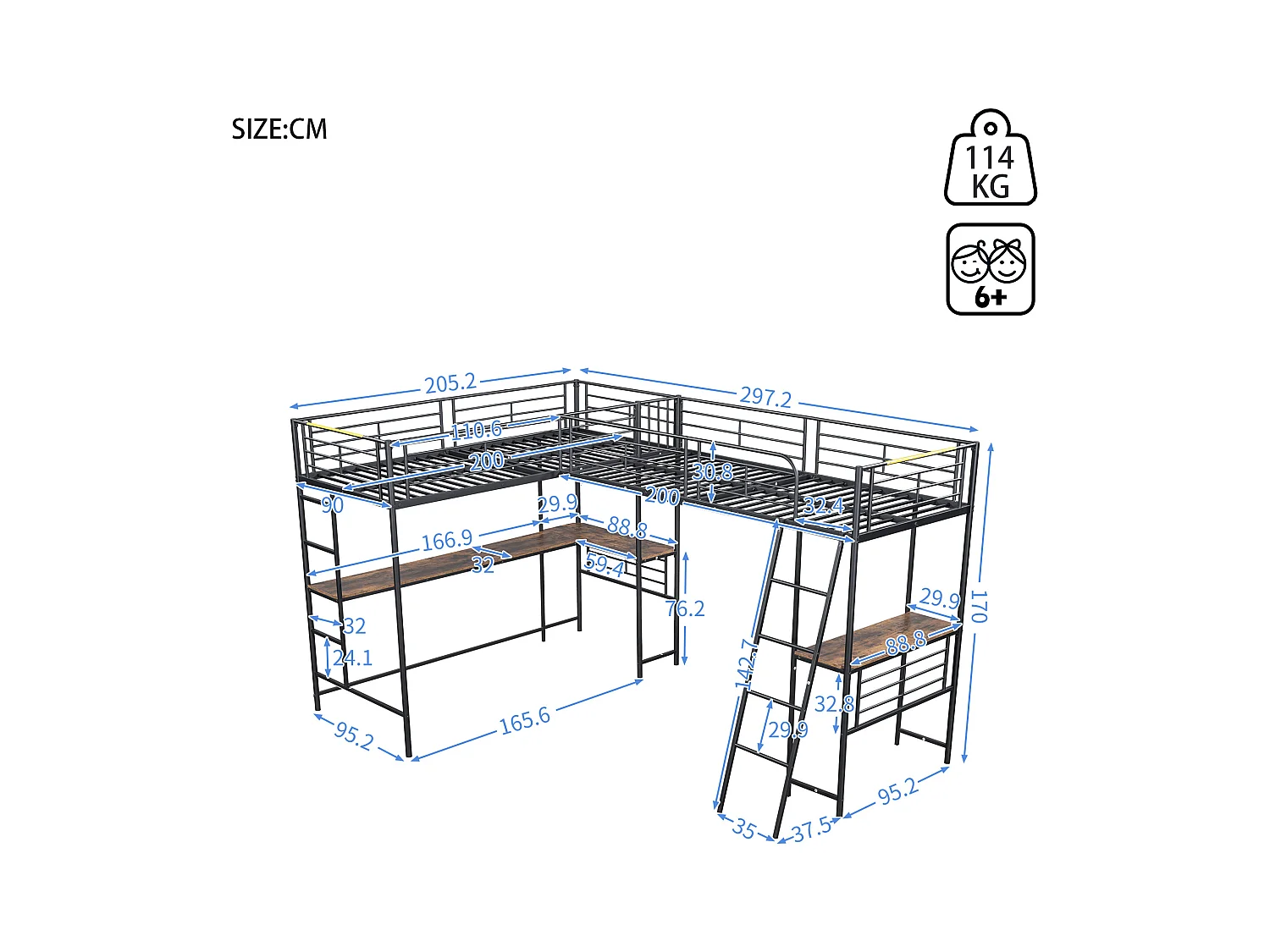 Lit mezzanine 90x200 cm noir, deux couchages, bureau intégré dessous, double escalier et garde-corps haut