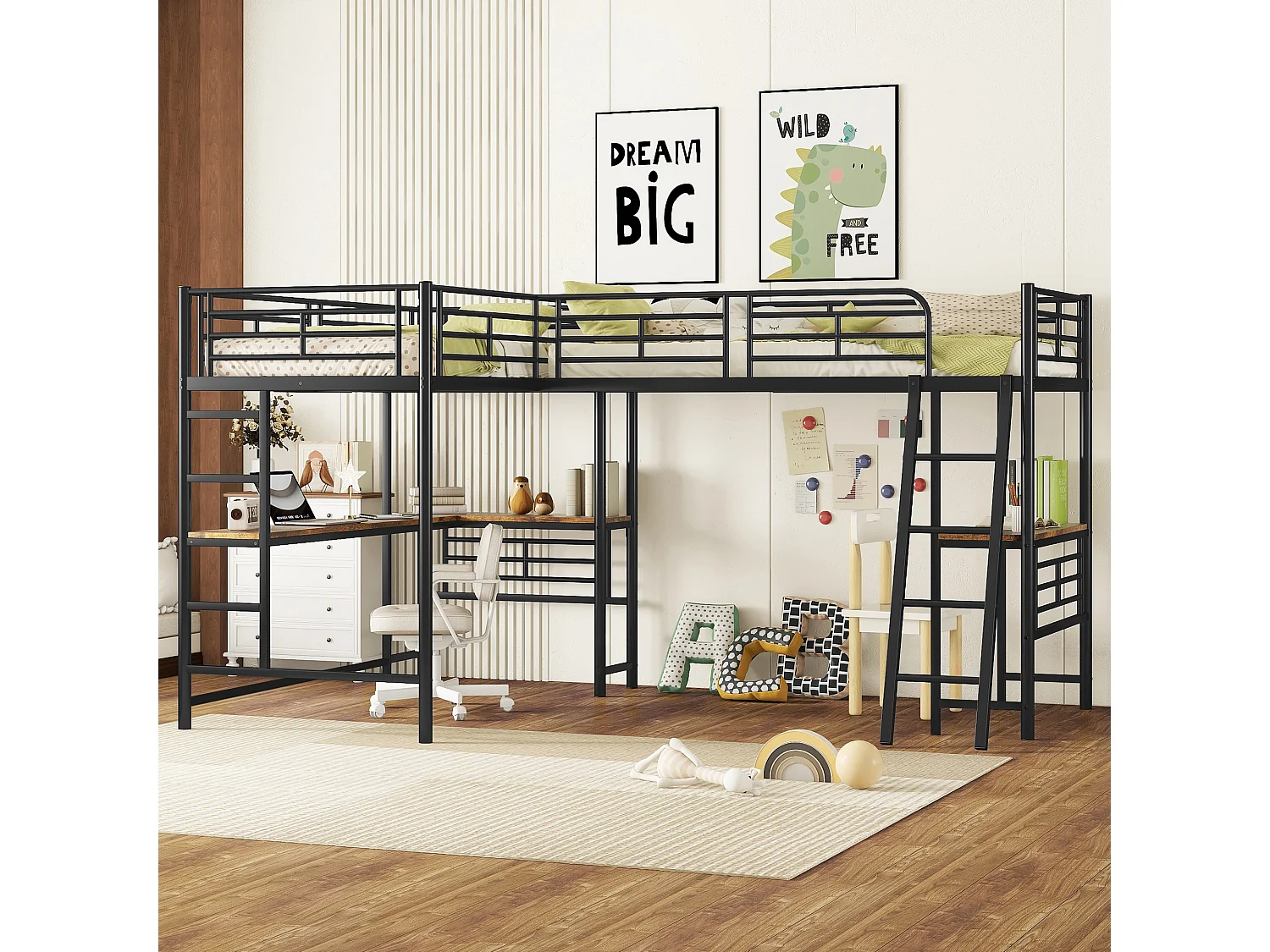 Lit mezzanine 90x200 cm noir, deux couchages, bureau intégré dessous, double escalier et garde-corps haut