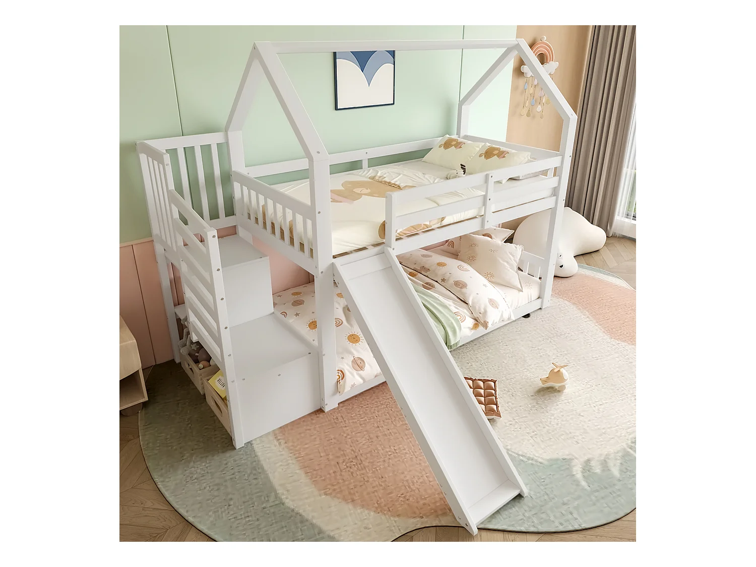 Lit superposé cabane 90x200 cm blanc avec toboggan et escalier de rangement, lit enfant avec barrières de sécurité