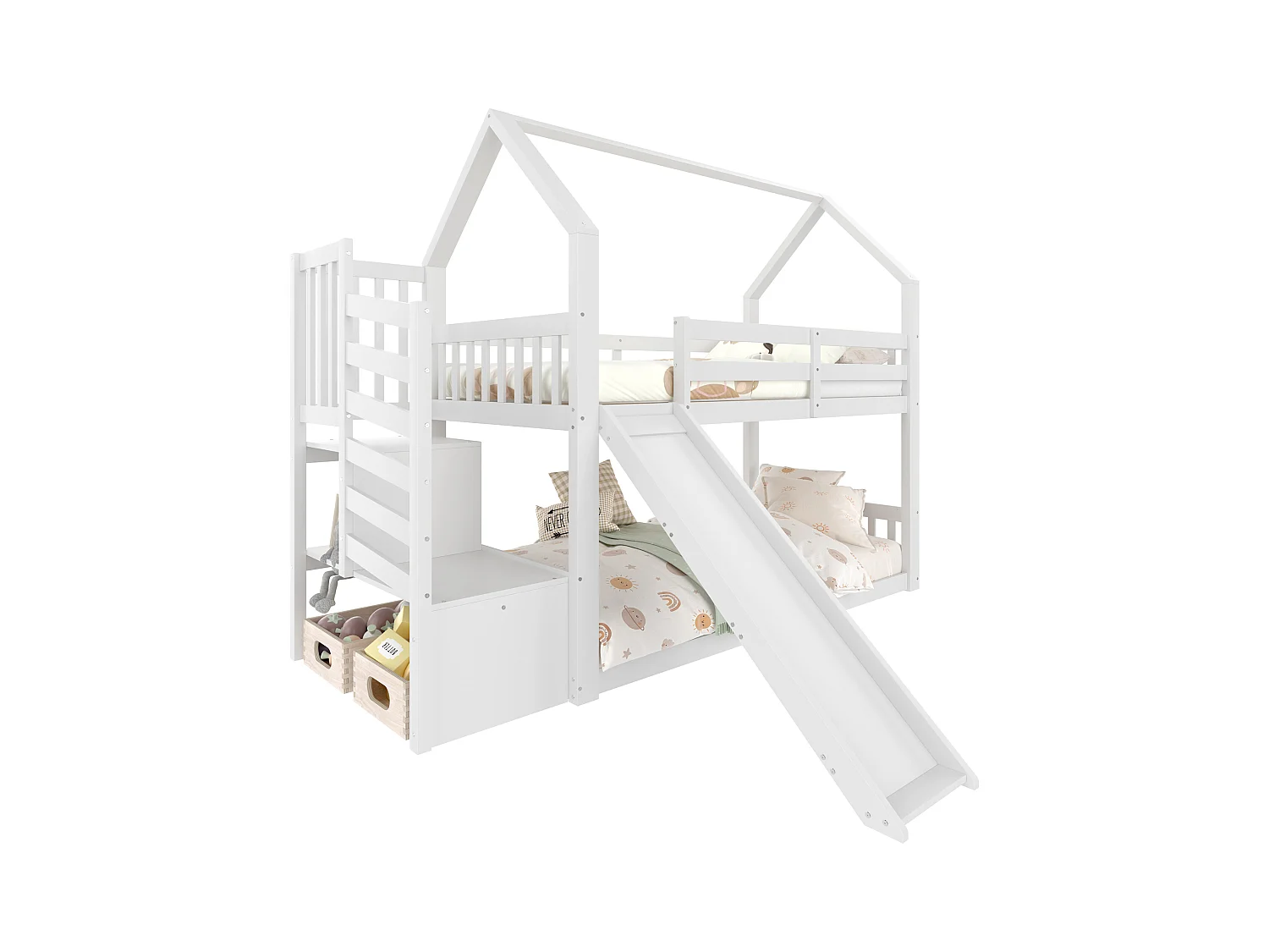 Lit superposé cabane 90x200 cm blanc avec toboggan et escalier de rangement, lit enfant avec barrières de sécurité