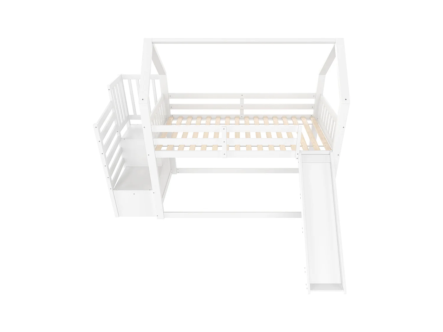 Lit superposé cabane 90x200 cm blanc avec toboggan et escalier de rangement, lit enfant avec barrières de sécurité