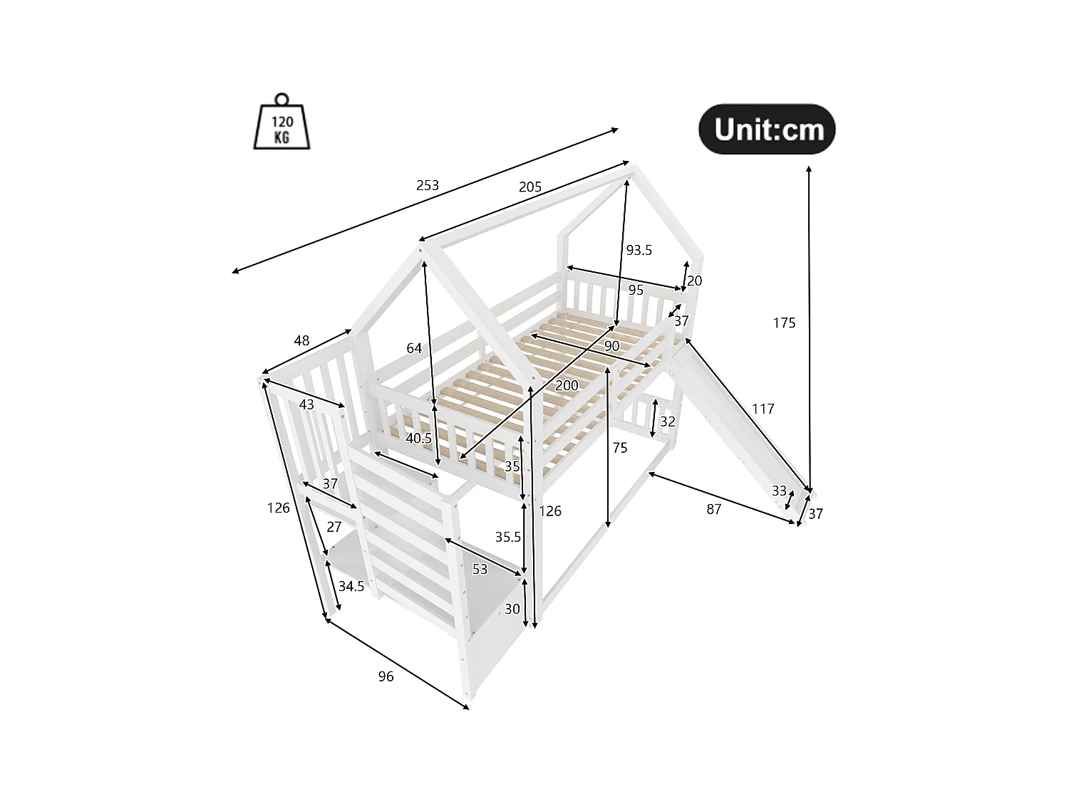 Lit superposé cabane 90x200 cm blanc avec toboggan et escalier de rangement, lit enfant avec barrières de sécurité