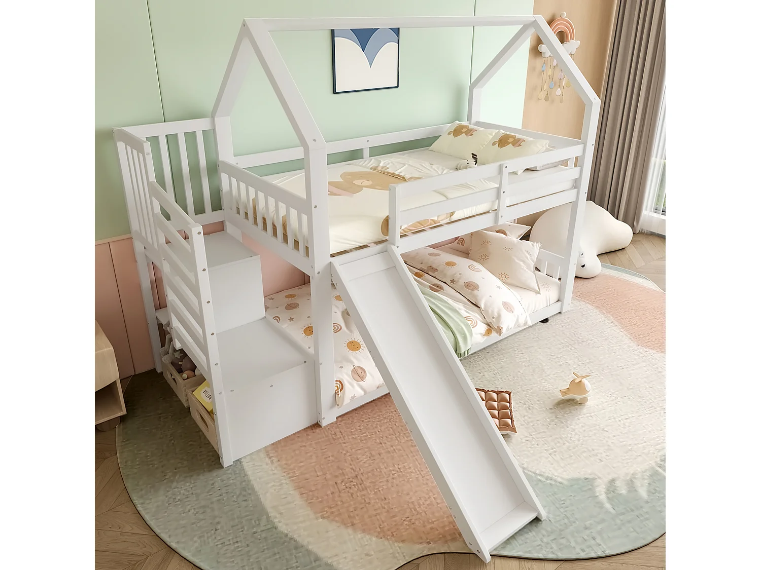 Lit superposé cabane 90x200 cm blanc avec toboggan et escalier de rangement, lit enfant avec barrières de sécurité