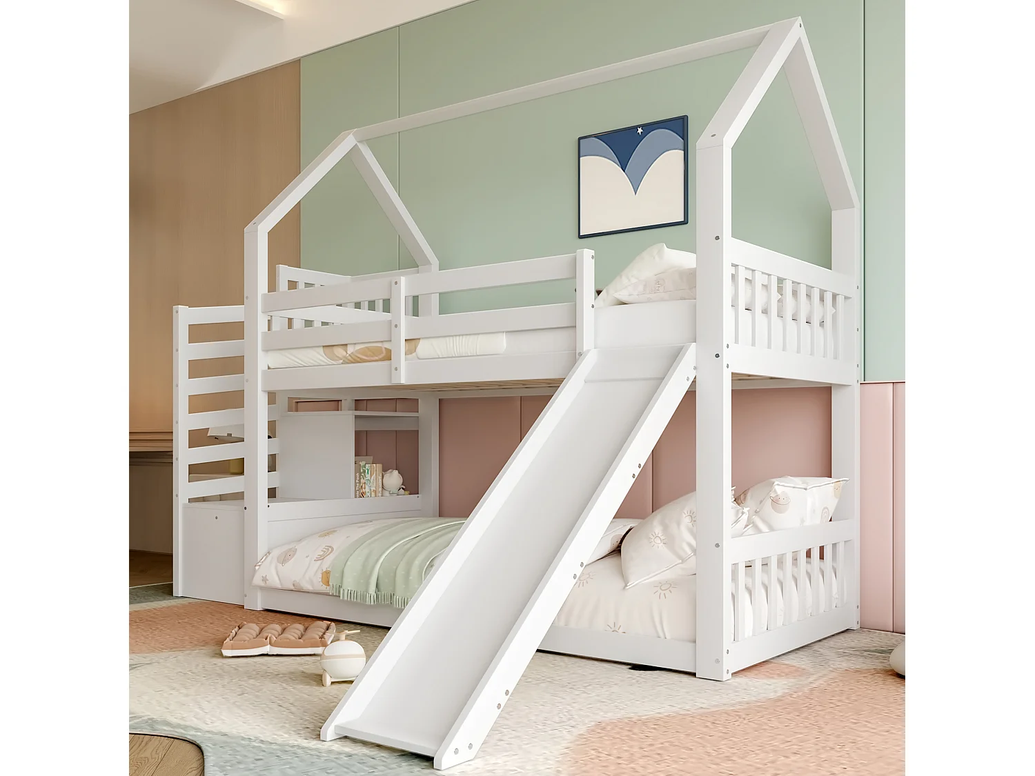 Lit superposé cabane 90x200 cm blanc avec toboggan et escalier de rangement, lit enfant avec barrières de sécurité