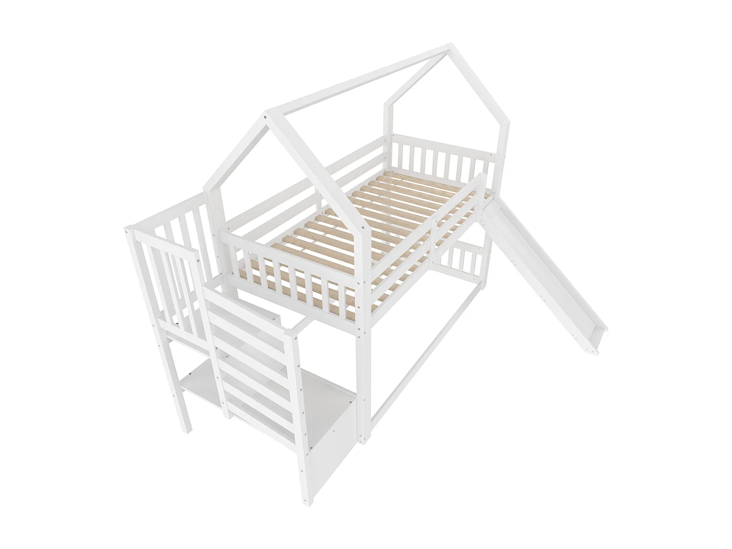 Lit superposé cabane 90x200 cm blanc avec toboggan et escalier de rangement, lit enfant avec barrières de sécurité