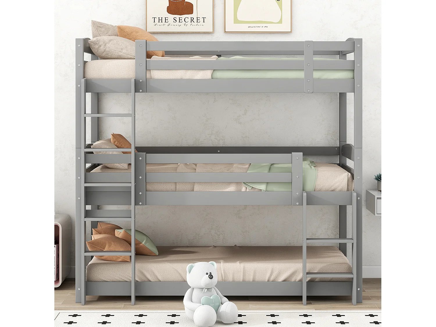 Lit superposé 90x200 cm en bois pour enfant, triple couche, sans matelas, conception compacte et sécurisée, Gris
