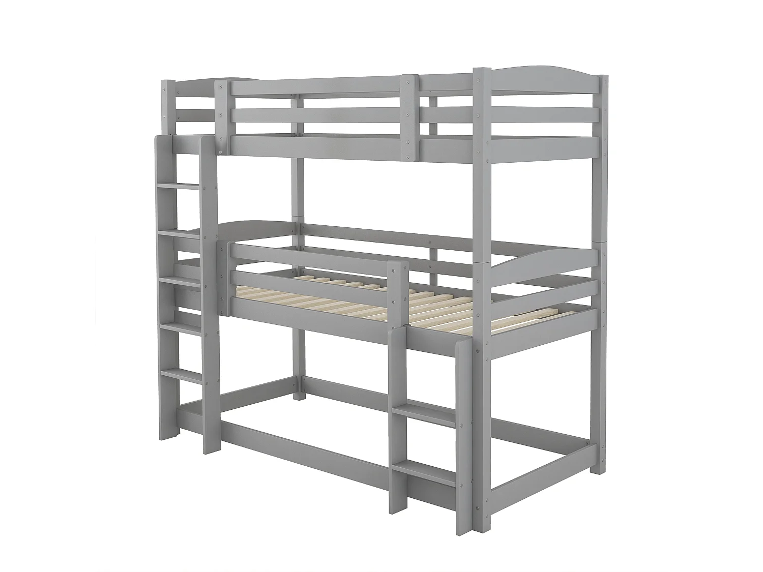 Lit superposé 90x200 cm en bois pour enfant, triple couche, sans matelas, conception compacte et sécurisée, Gris