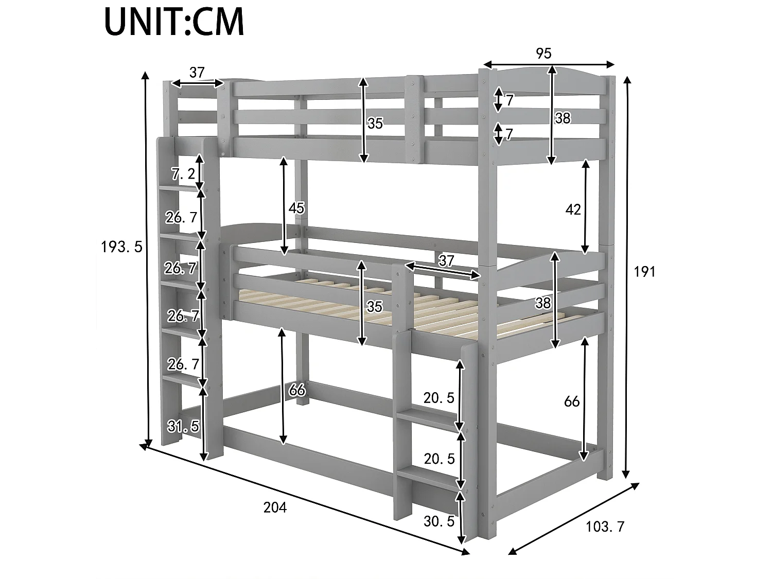 Lit superposé 90x200 cm en bois pour enfant, triple couche, sans matelas, conception compacte et sécurisée, Gris
