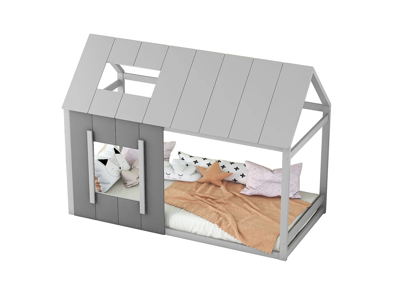 Lit simple 90x200 cm pour enfant en forme de maison, toit et fenêtre, design original, combinaison Gris foncé et Gris clair