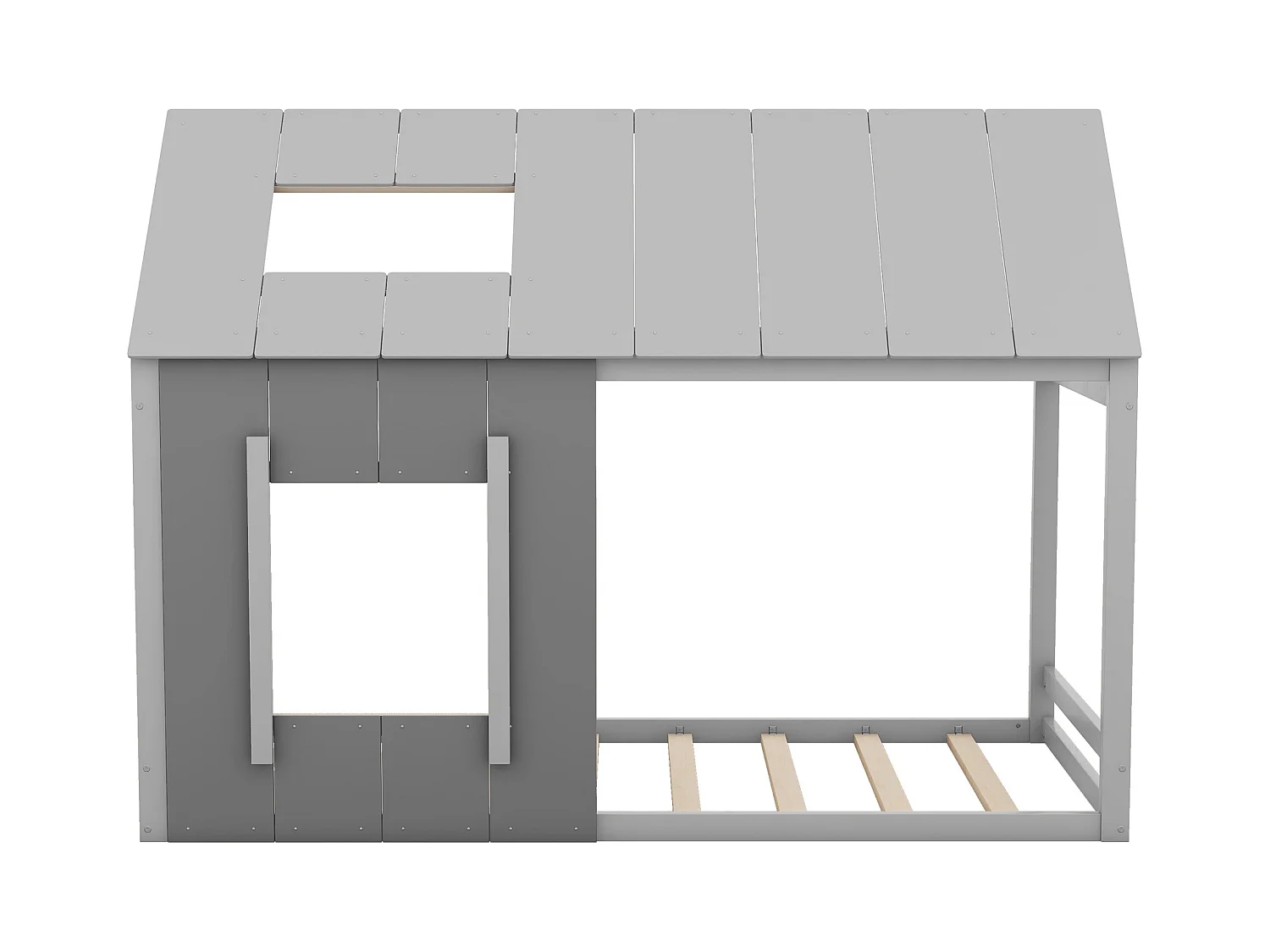 Lit simple 90x200 cm pour enfant en forme de maison, toit et fenêtre, design original, combinaison Gris foncé et Gris clair