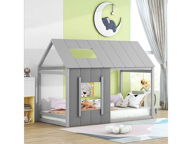 Lit simple 90x200 cm pour enfant en forme de maison, toit et fenêtre, design original, combinaison Gris foncé et Gris clair