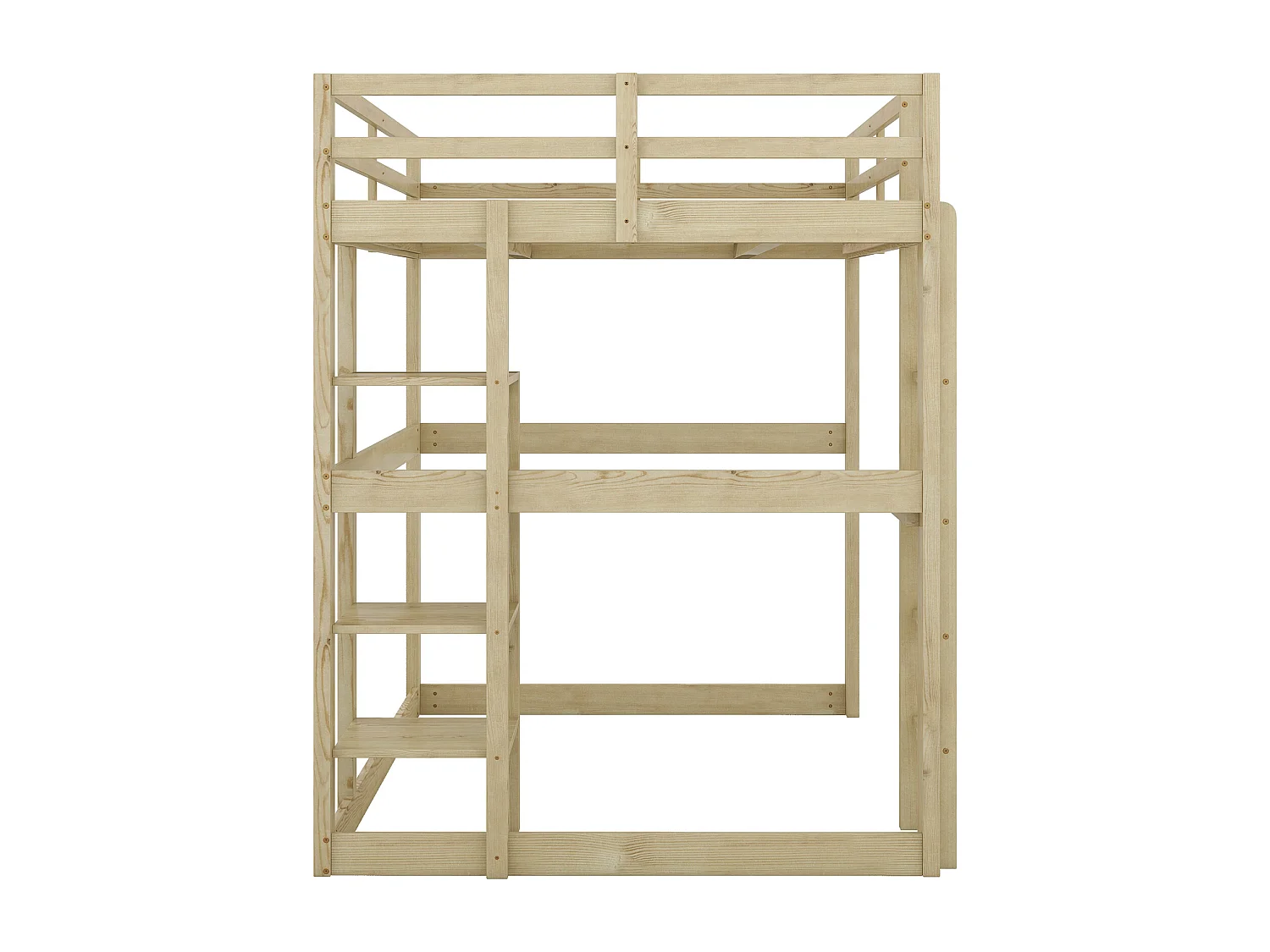 Halfhoogslaper voor kinderen 140x200 cm, grenenhouten frame met 4 vakken en geïntegreerd bureau, praktisch en functioneel ontwerp, Natuurlijk