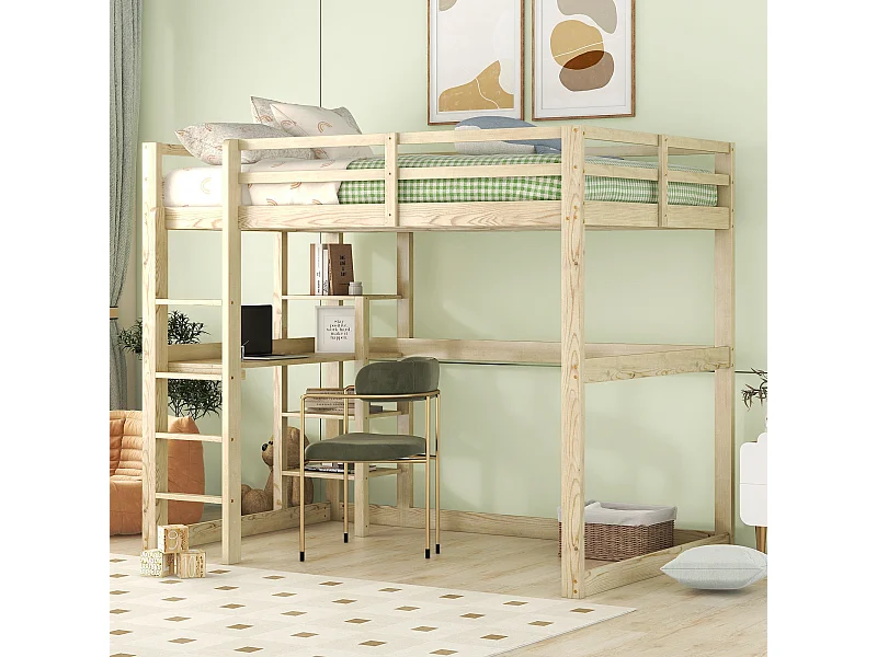 Lit mezzanine enfant 140x200 cm, structure bois de pin avec 4 compartiments et bureau intégré, design pratique et fonctionnel, Naturel