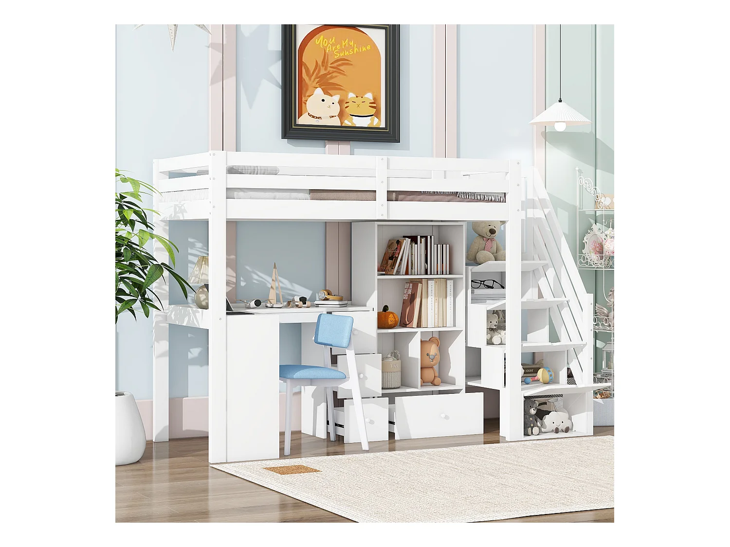 Lit mezzanine 90x200 cm blanc avec garde-corps, bureau, tiroirs, étagères ouvertes et échelle escamotable, certifié EN747