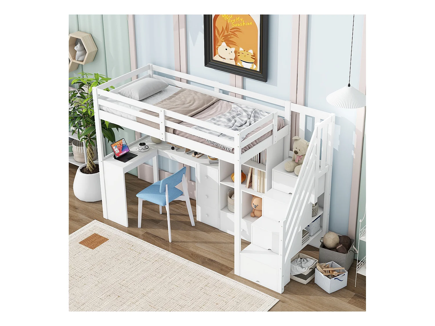 Lit mezzanine 90x200 cm blanc avec garde-corps, bureau, tiroirs, étagères ouvertes et échelle escamotable, certifié EN747
