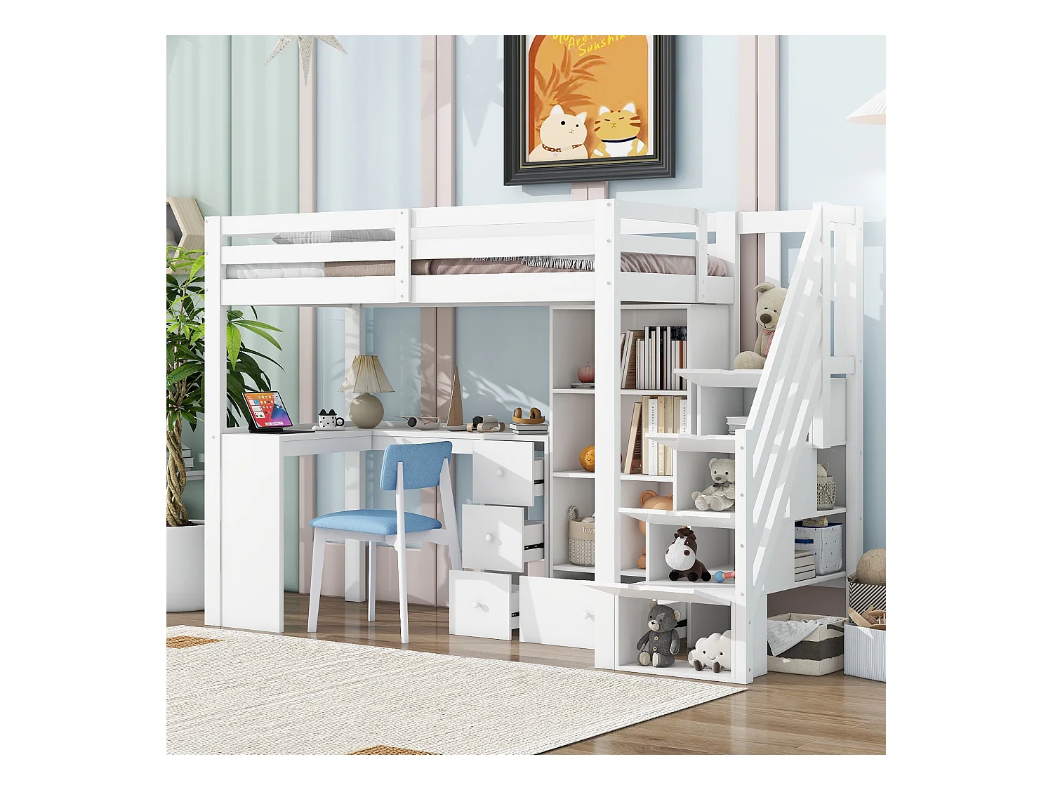 Lit mezzanine 90x200 cm blanc avec garde-corps, bureau, tiroirs, étagères ouvertes et échelle escamotable, certifié EN747