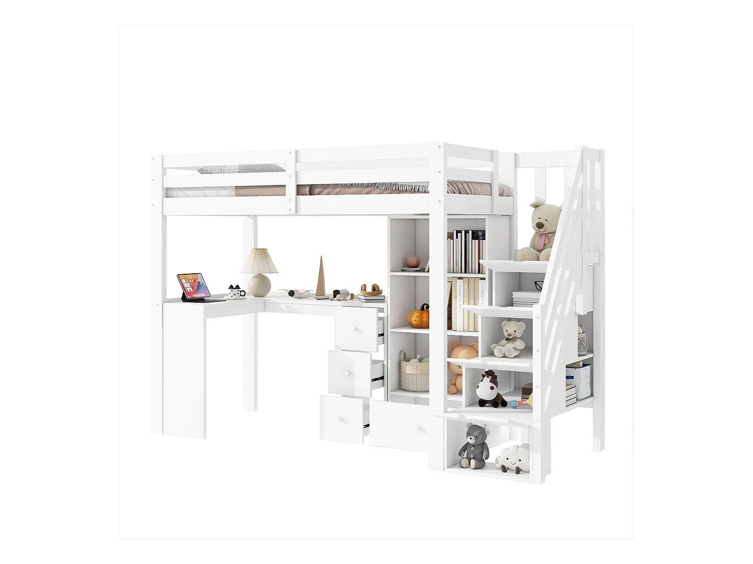 Lit mezzanine 90x200 cm blanc avec garde-corps, bureau, tiroirs, étagères ouvertes et échelle escamotable, certifié EN747