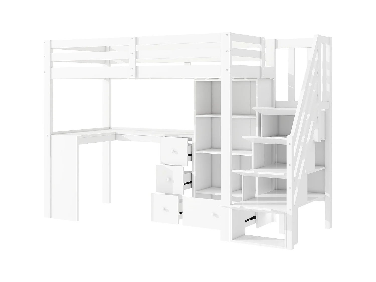 Lit mezzanine 90x200 cm blanc avec garde-corps, bureau, tiroirs, étagères ouvertes et échelle escamotable, certifié EN747