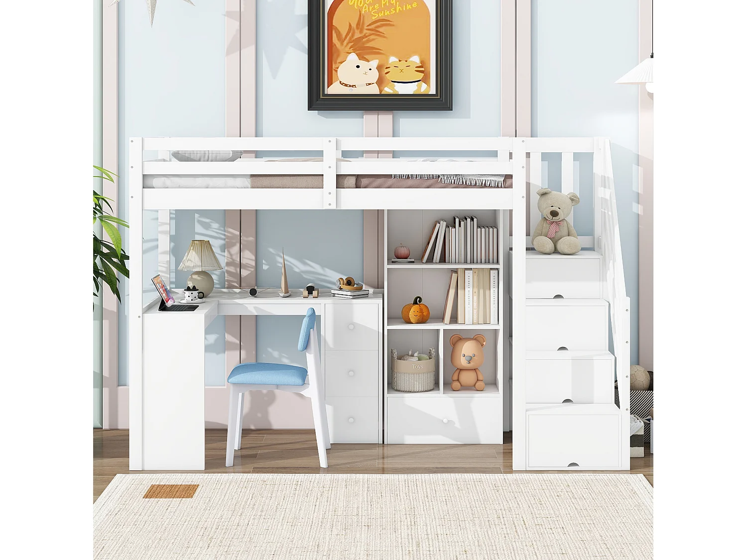 Lit mezzanine 90x200 cm blanc avec garde-corps, bureau, tiroirs, étagères ouvertes et échelle escamotable, certifié EN747