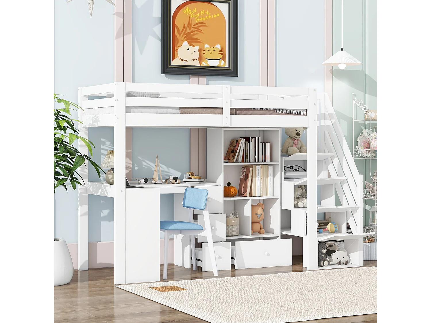 Lit mezzanine 90x200 cm blanc avec garde-corps, bureau, tiroirs, étagères ouvertes et échelle escamotable, certifié EN747