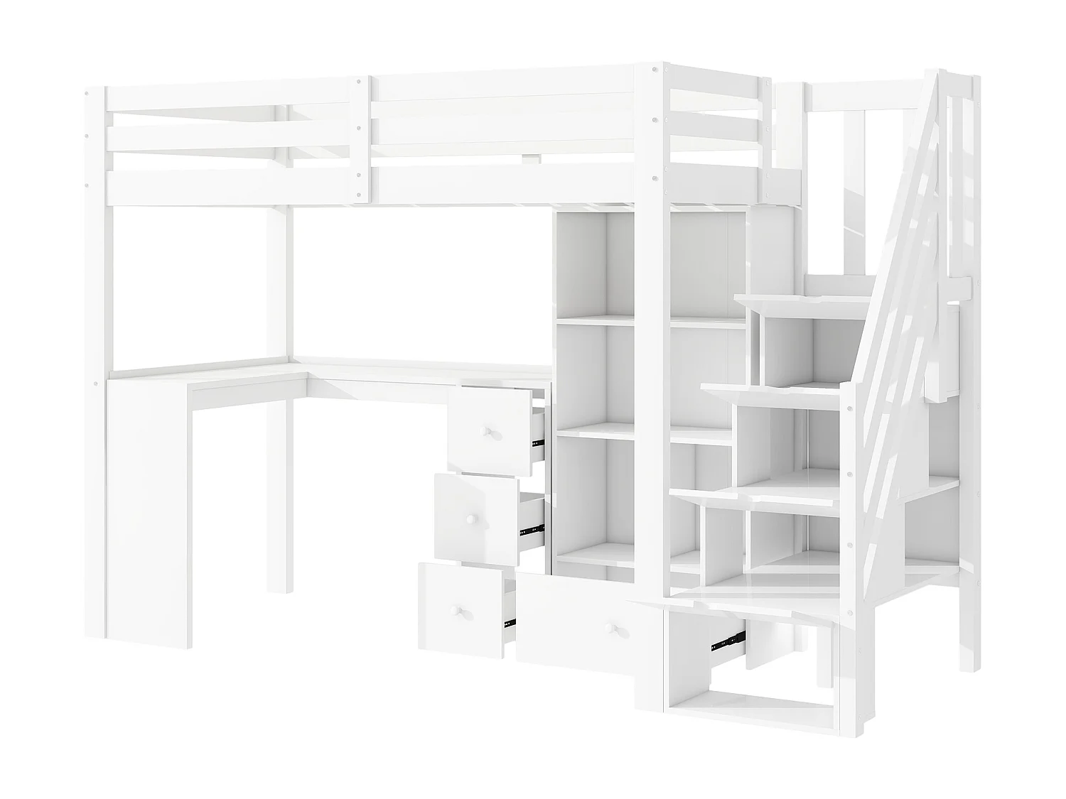 Lit mezzanine 90x200 cm blanc avec garde-corps, bureau, tiroirs, étagères ouvertes et échelle escamotable, certifié EN747
