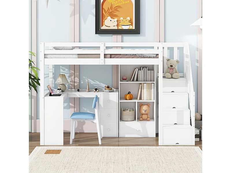 Lit mezzanine 90x200 cm blanc avec garde-corps, bureau, tiroirs, étagères ouvertes et échelle escamotable, certifié EN747