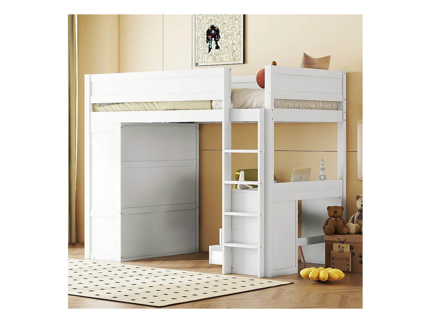 Lit mezzanine 90x200 cm pour enfant, polyvalent avec armoire, bureau et tiroirs intégrés, design pratique, Blanc