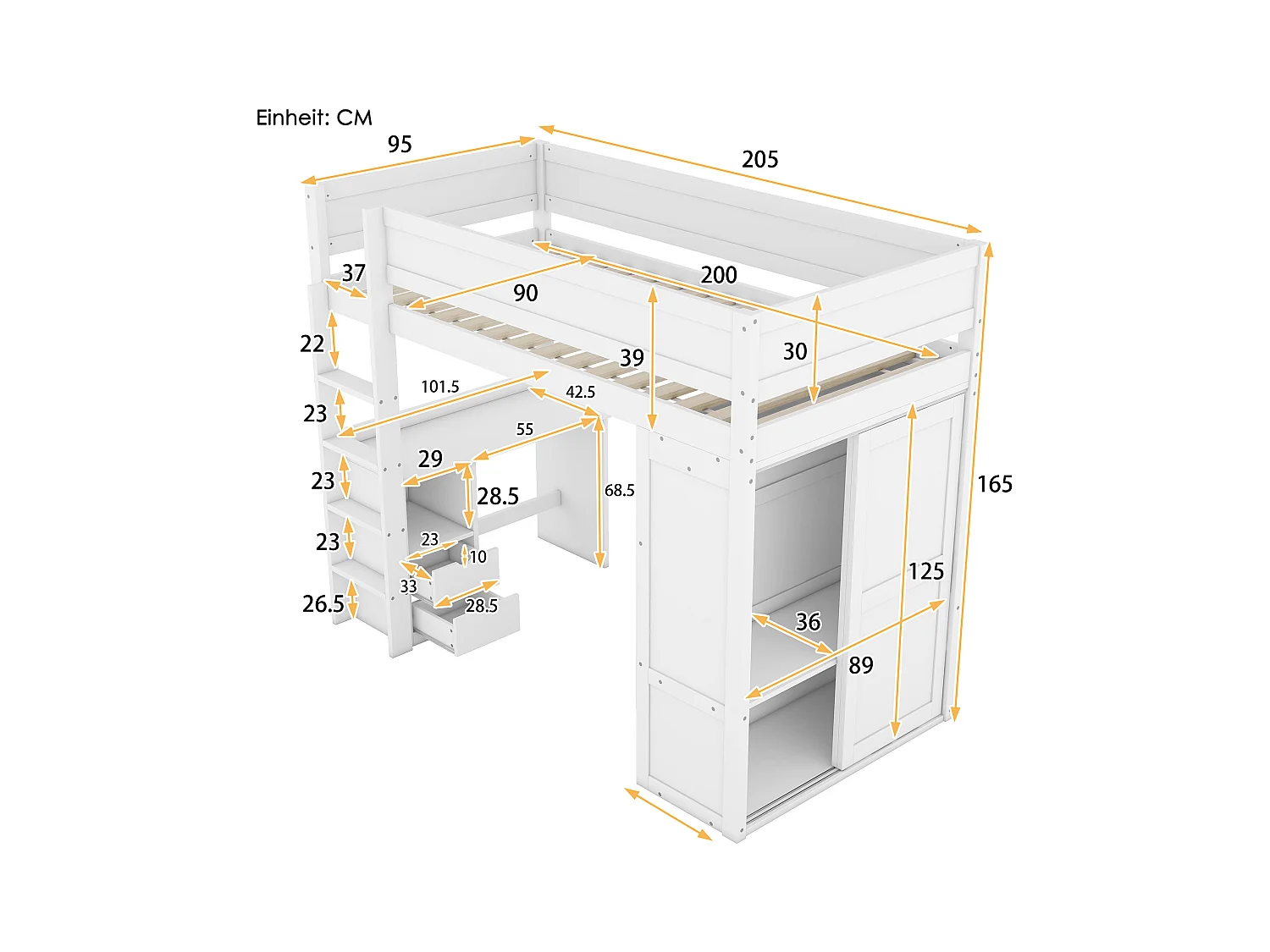 Lit mezzanine 90x200 cm pour enfant, polyvalent avec armoire, bureau et tiroirs intégrés, design pratique, Blanc