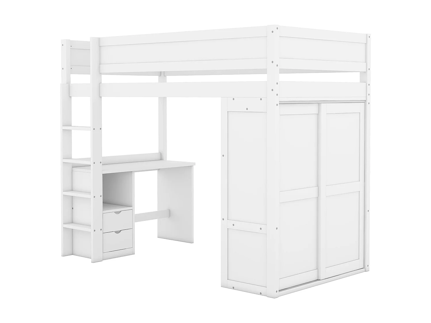 Lit mezzanine 90x200 cm pour enfant, polyvalent avec armoire, bureau et tiroirs intégrés, design pratique, Blanc