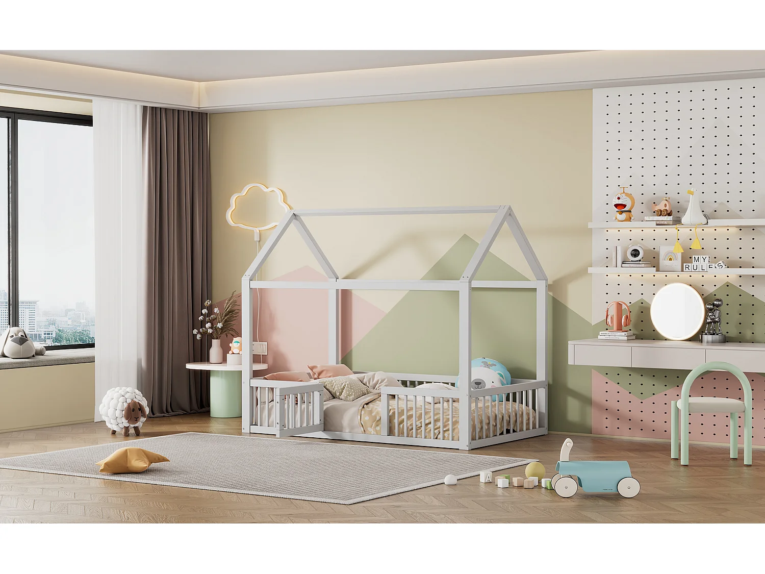 Lit double 90x200 cm en bois massif, lit simple type maison avec petite porte, fonctionnel et chaleureux, Blanc