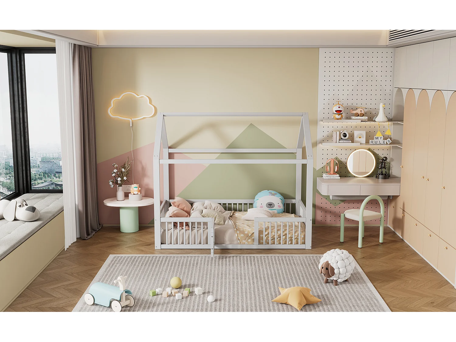 Lit double 90x200 cm en bois massif, lit simple type maison avec petite porte, fonctionnel et chaleureux, Blanc