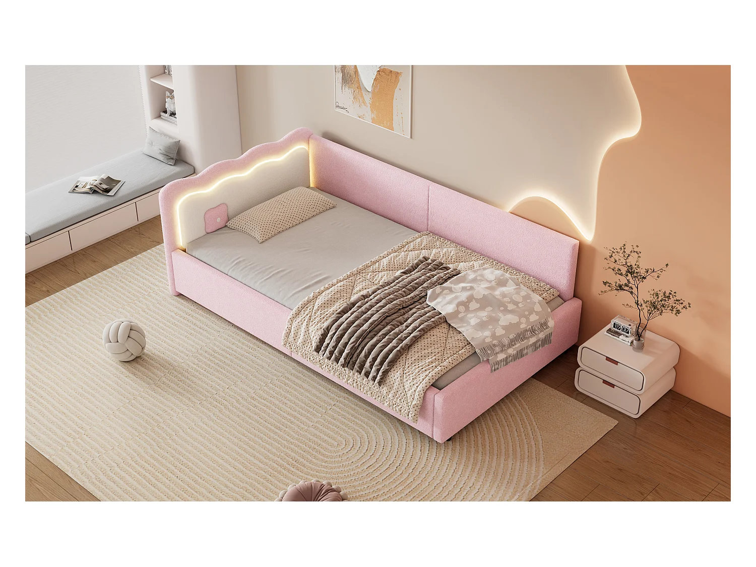 Lit banquette 90x200 cm rose avec LED et télécommande, structure avec sommier, tissu imitation laine doux