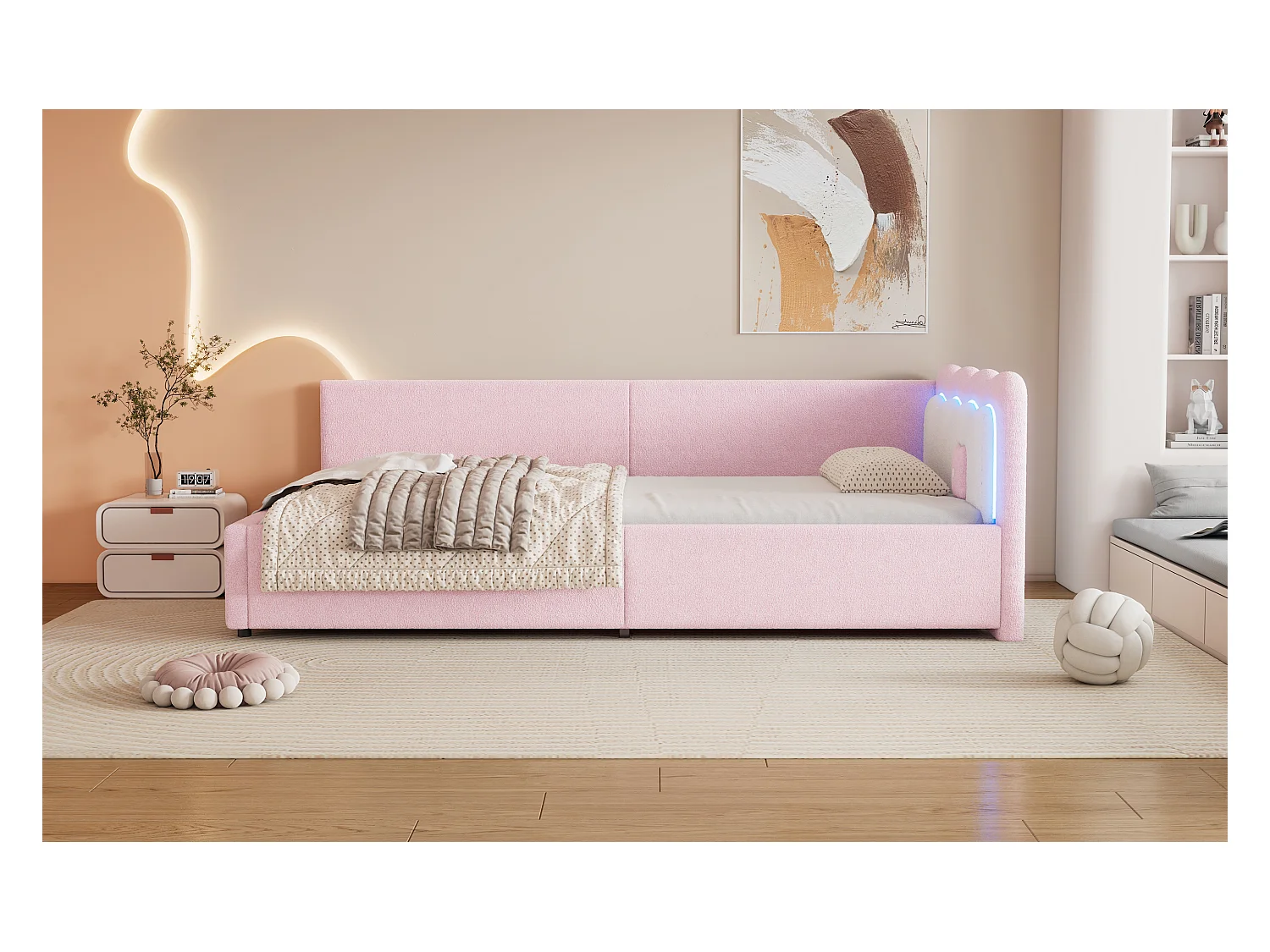 Lit banquette 90x200 cm rose avec LED et télécommande, structure avec sommier, tissu imitation laine doux
