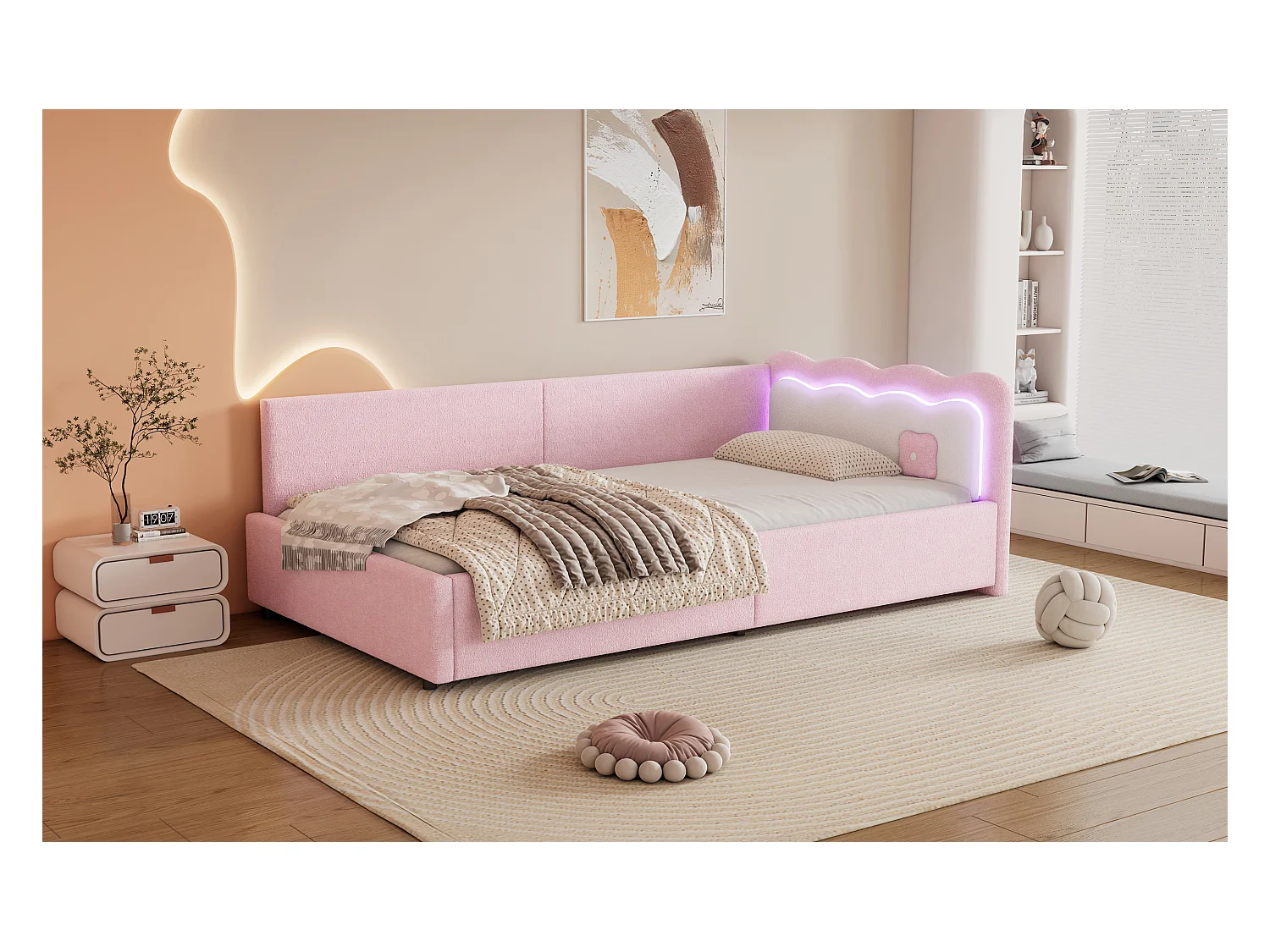 Lit banquette 90x200 cm rose avec LED et télécommande, structure avec sommier, tissu imitation laine doux