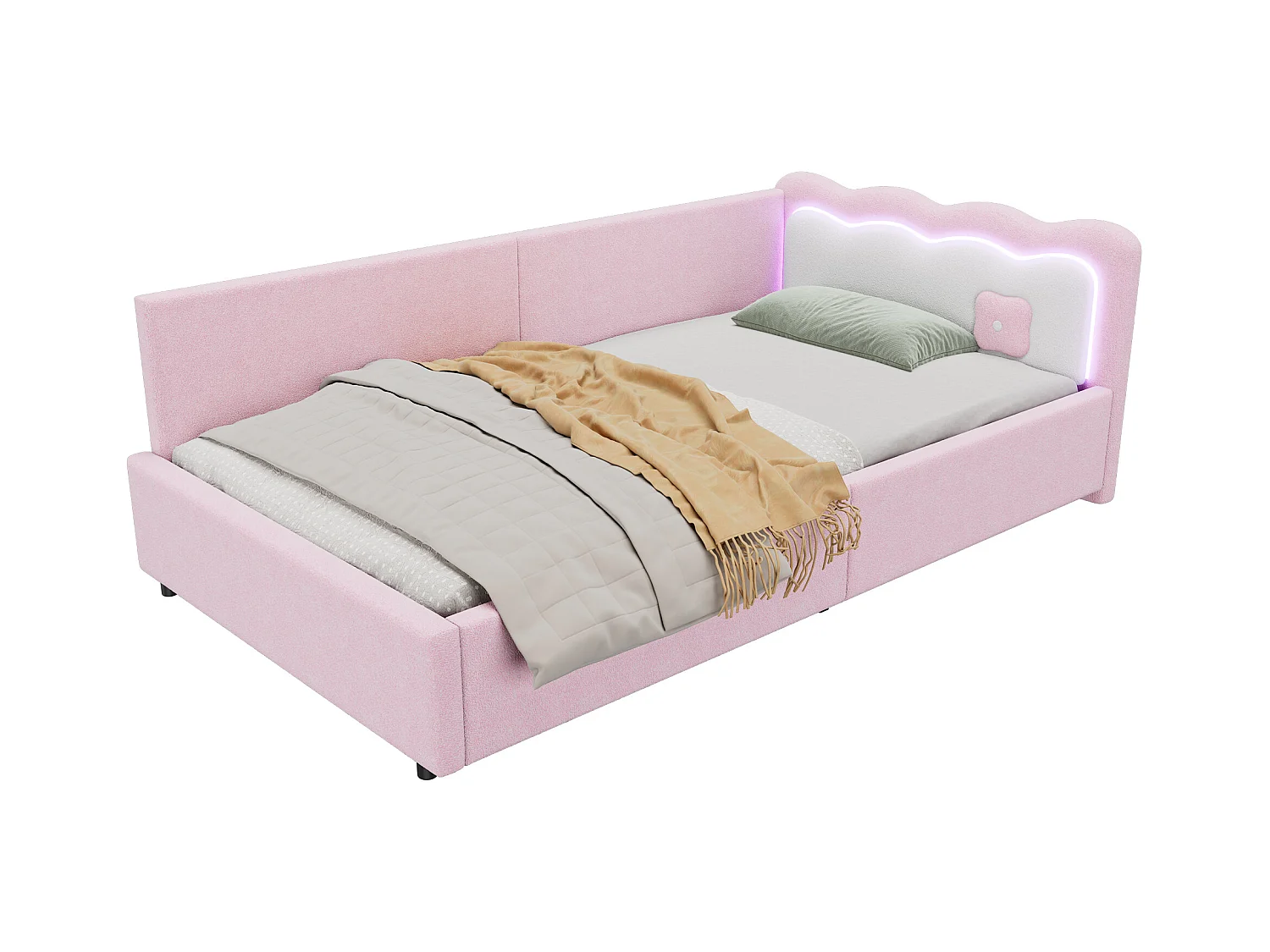 Lit banquette 90x200 cm rose avec LED et télécommande, structure avec sommier, tissu imitation laine doux