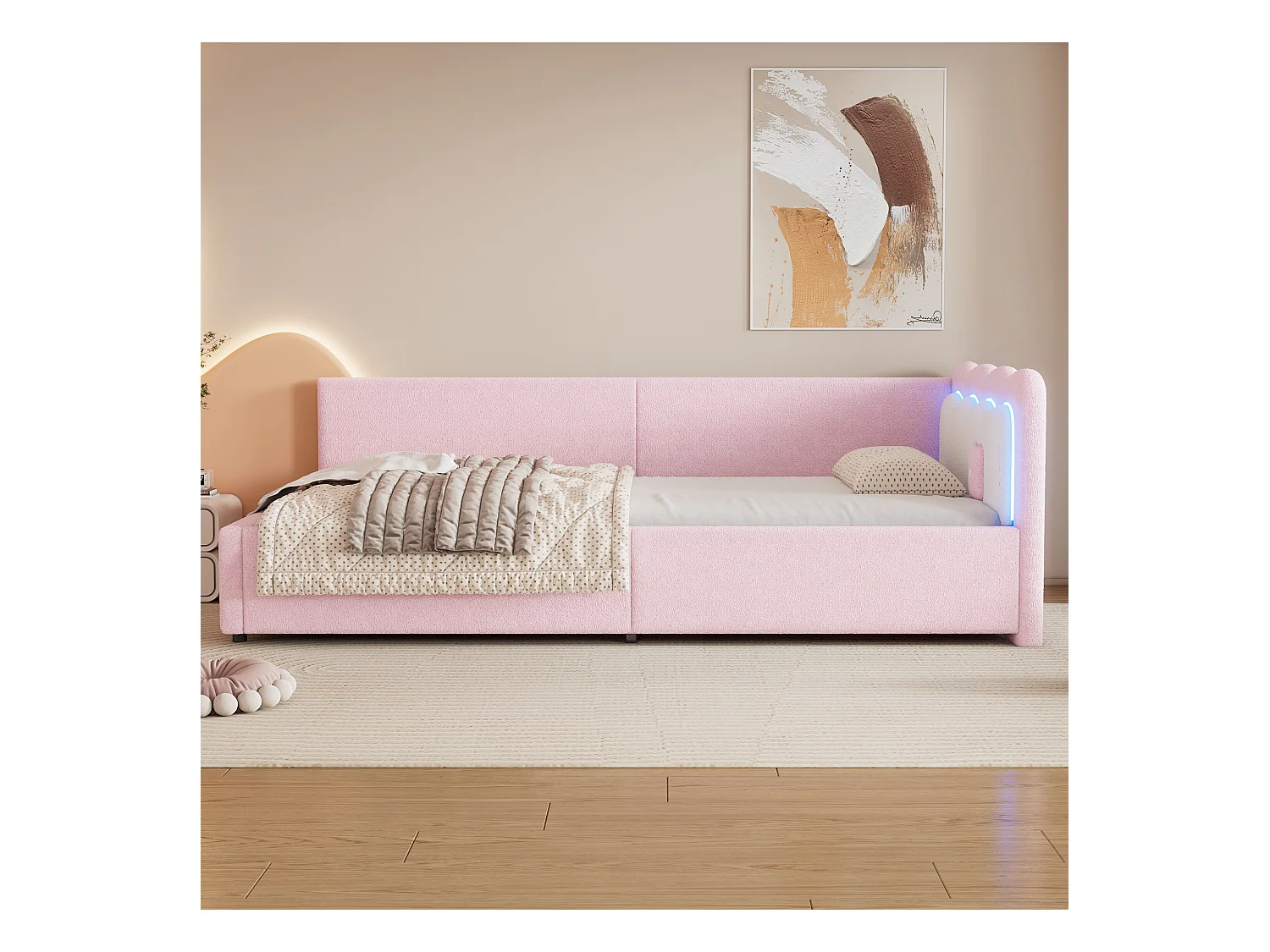 Lit banquette 90x200 cm rose avec LED et télécommande, structure avec sommier, tissu imitation laine doux