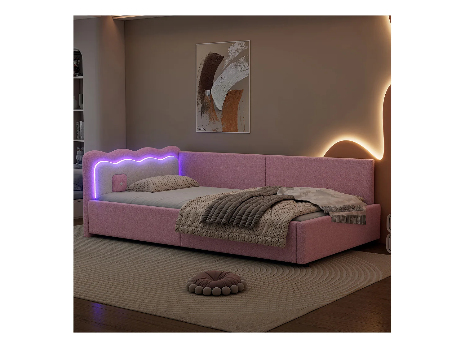 Lit banquette 90x200 cm rose avec LED et télécommande, structure avec sommier, tissu imitation laine doux