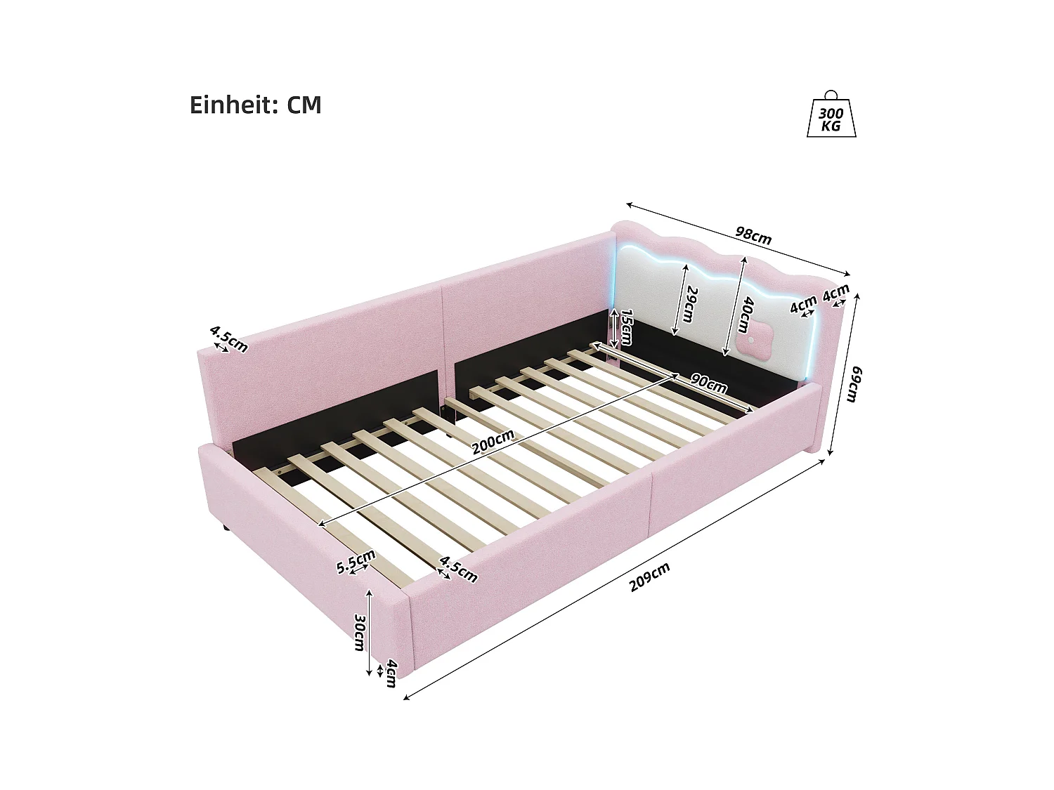 Lit banquette 90x200 cm rose avec LED et télécommande, structure avec sommier, tissu imitation laine doux