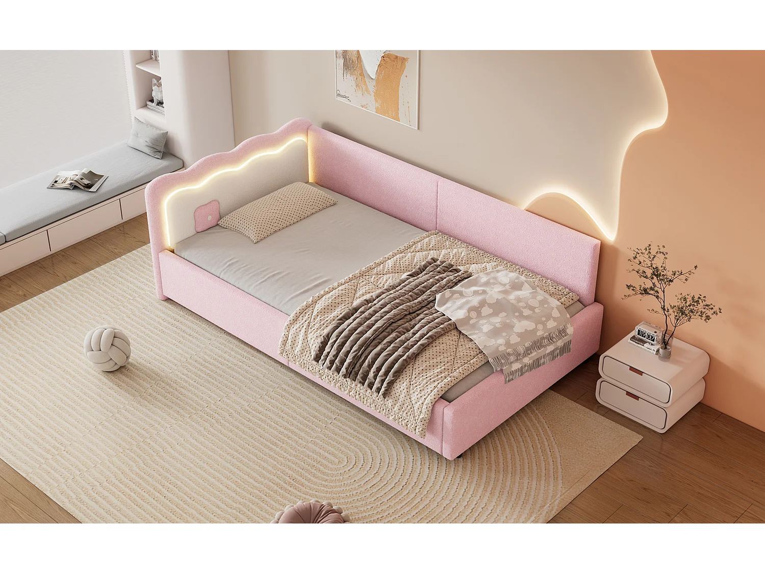 Lit banquette 90x200 cm rose avec LED et télécommande, structure avec sommier, tissu imitation laine doux